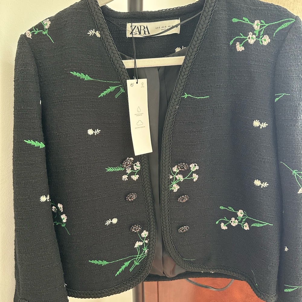 Zara Black Jacket with Green and White Floral Embroidery - Picture 1 of 5